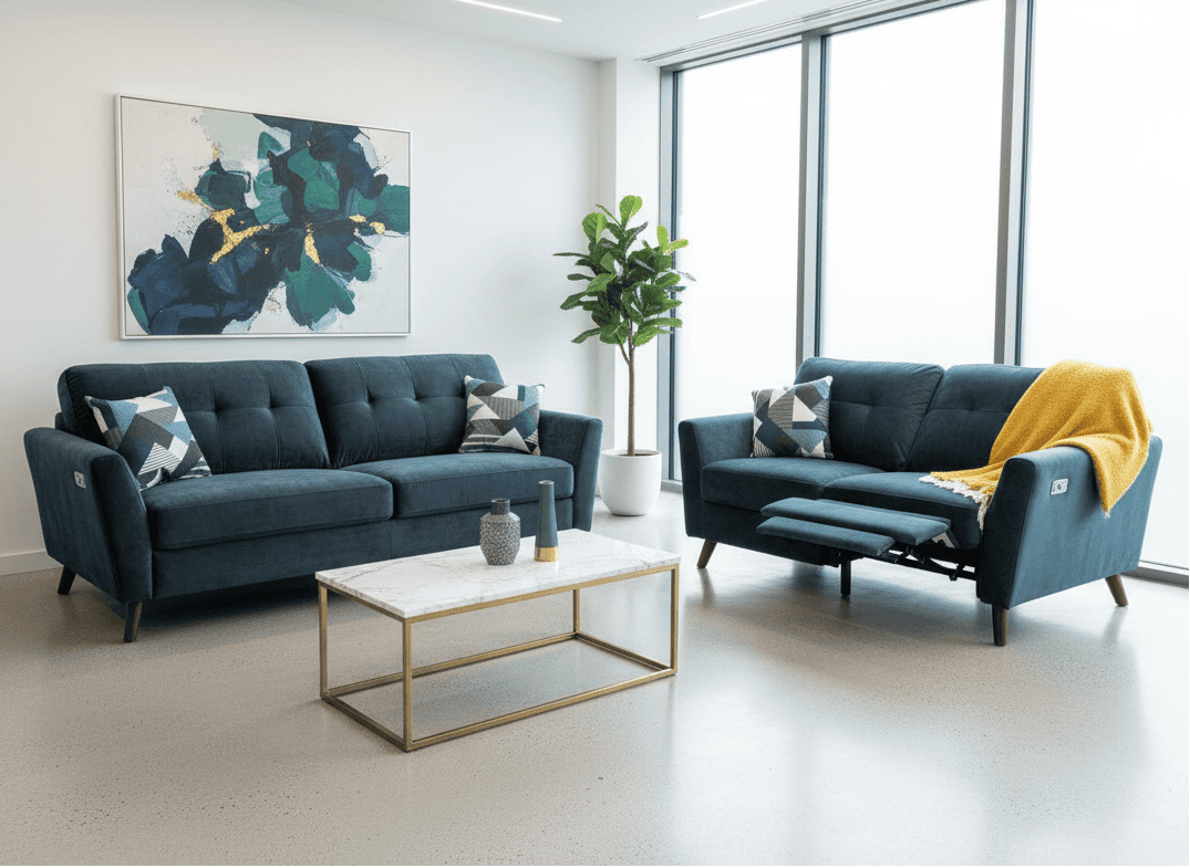 DFS Electric Recliner Ocean / Blue Plush Velvet Fabric 3 Seater + 2 Seater Sofa Set Bundle