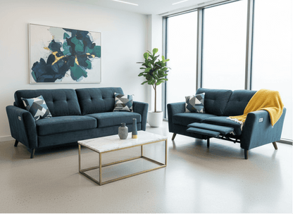 DFS Electric Recliner Ocean / Blue Plush Velvet Fabric 3 Seater + 2 Seater Sofa Set Bundle