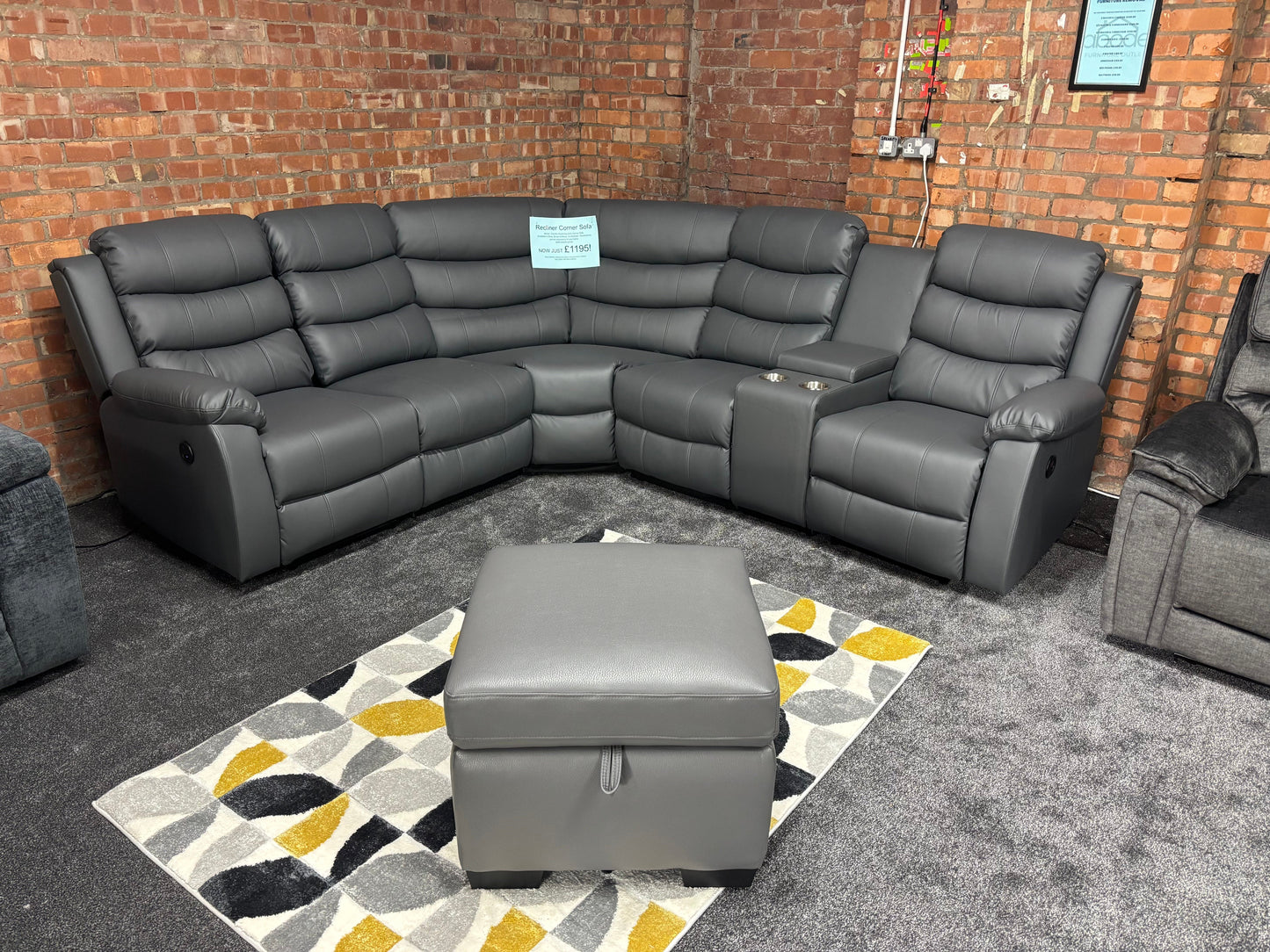 'Lando' Grey Leather Reversible Reclining Corner Sofa | Comes With A Storage Footstool, Drinks Console | Fold Down Tray Table | High Backrest & Seating Position | Couch |