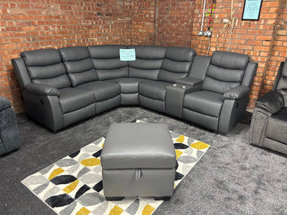 'Lando' Grey Leather Reversible Reclining Corner Sofa | Comes With A Storage Footstool, Drinks Console | Fold Down Tray Table | High Backrest & Seating Position | Couch |