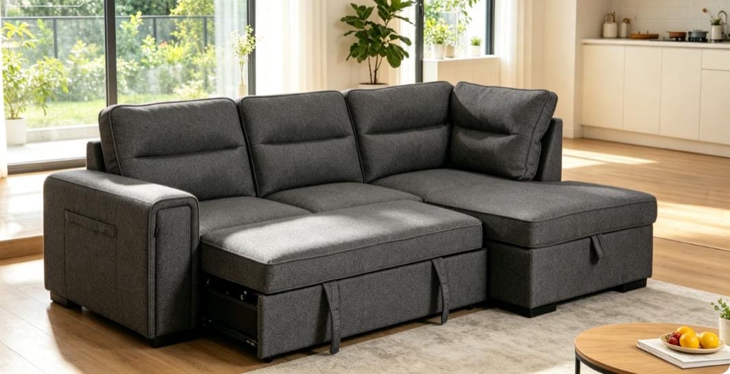 (Back in stock 15th August) 'Musk' Dark Grey Fabric Right Hand Facing Corner Sofa Bed With Storage & Drinks Holder