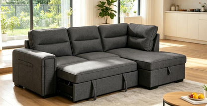 (Back in stock 15th August) 'Musk' Dark Grey Fabric Right Hand Facing Corner Sofa Bed With Storage & Drinks Holder