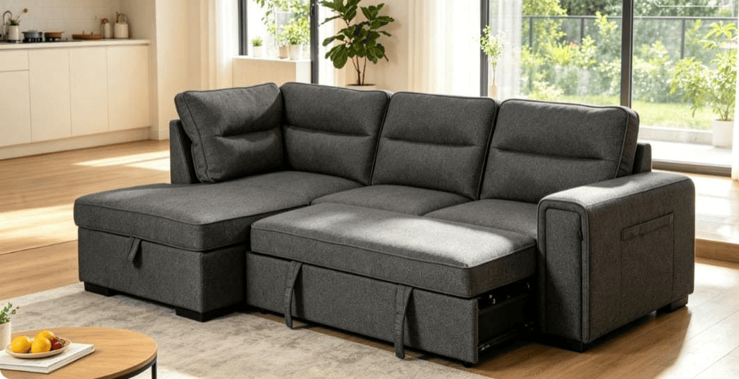 (Back in stock 15th August) 'Musk' Dark Grey Fabric Left Hand Facing Corner Sofa Bed With Storage & Drinks Holder
