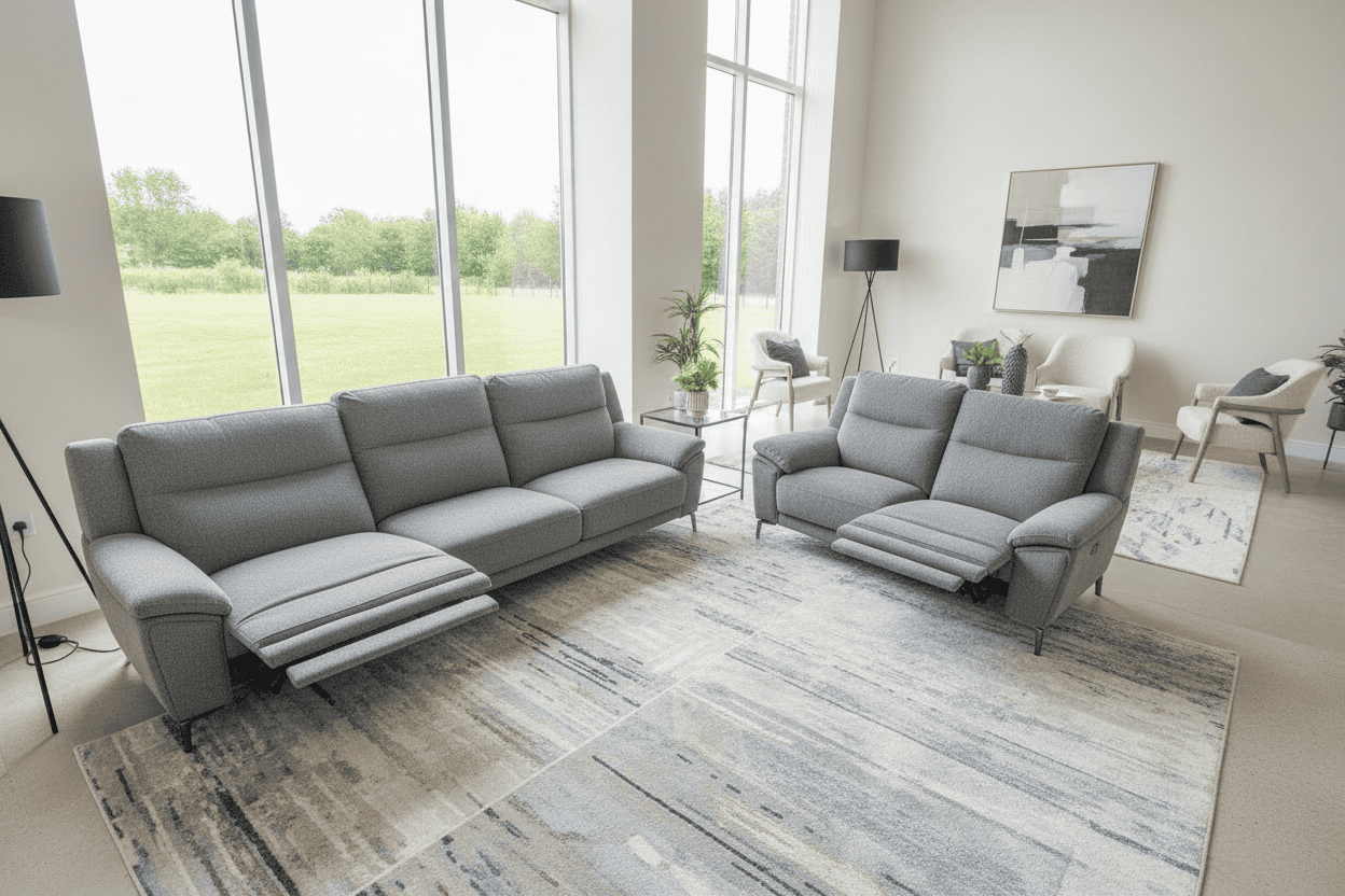 DFS STOWEN - Charcoal Grey Fabric Electric Reclining 5 Seater + Armchair Sofa Suite Set | USB Ports | Space Saving Recliner
