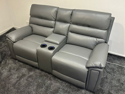 Donald Grey Leather Electric / Power Reclining 3 Seater + 2 Seater Sofa Suite Set With Drinks Coolers USB Charging Ports & Drop Down Tray Table