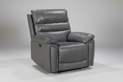 BUNDLE OFFER! DFS Lawson Grey Leather Electric Reclining 3 Seater + 2 Seater With Drinks Cooler Console + Armchair Sofa Set With USB Charging Ports & Drop Down Tray Table With Reading Lights
