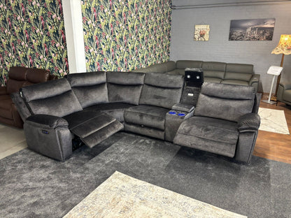"Trek" Grey Plush Fabric Power Recliner Corner Sofa With USB Charging Ports, Drinks Cooling Cup Holders Plus Many More Modern Features