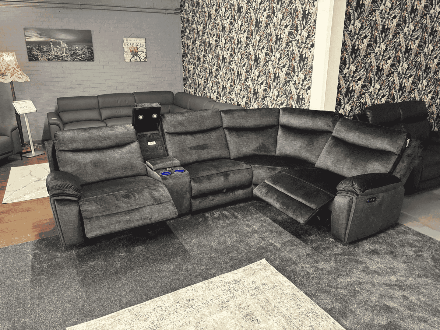 "Trek" Grey Plush Fabric Power Recliner Corner Sofa With USB Charging Ports, Drinks Cooling Cup Holders Plus Many More Modern Features