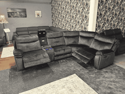 "Trek" Grey Plush Fabric Power Recliner Corner Sofa With USB Charging Ports, Drinks Cooling Cup Holders Plus Many More Modern Features