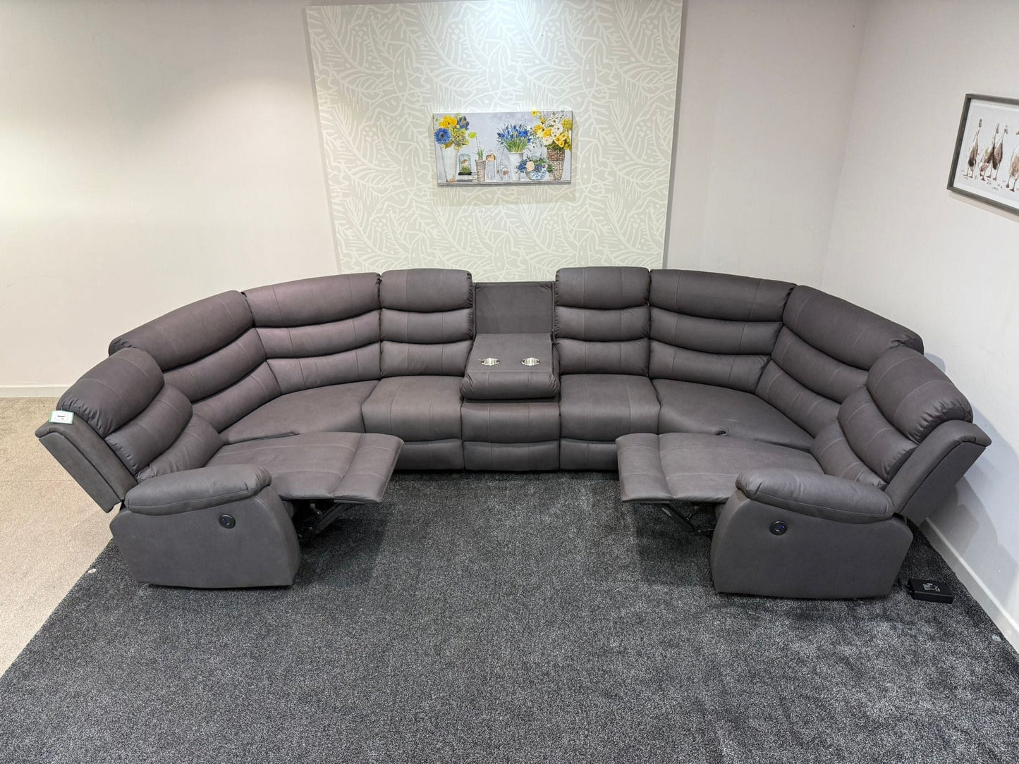 Willow Grey Fabric U Shape Corner Sofa With Drinks console & Fold down Tray Tables