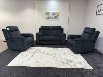 "Barre" Electric / Power Reclining Grey Fabric 2 Seater Sofa + 2 Armchairs Sofa Set - USB Charging Ports