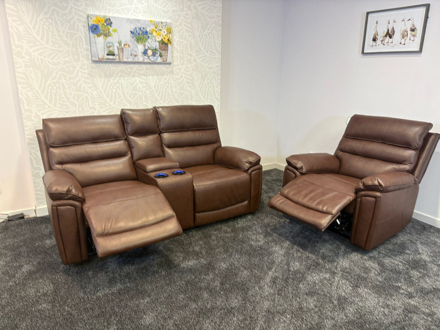 Donald Brown Leather Electric / Power Reclining Sofa Range Suite Set With USB Charging Ports & Drop Down Tray Table