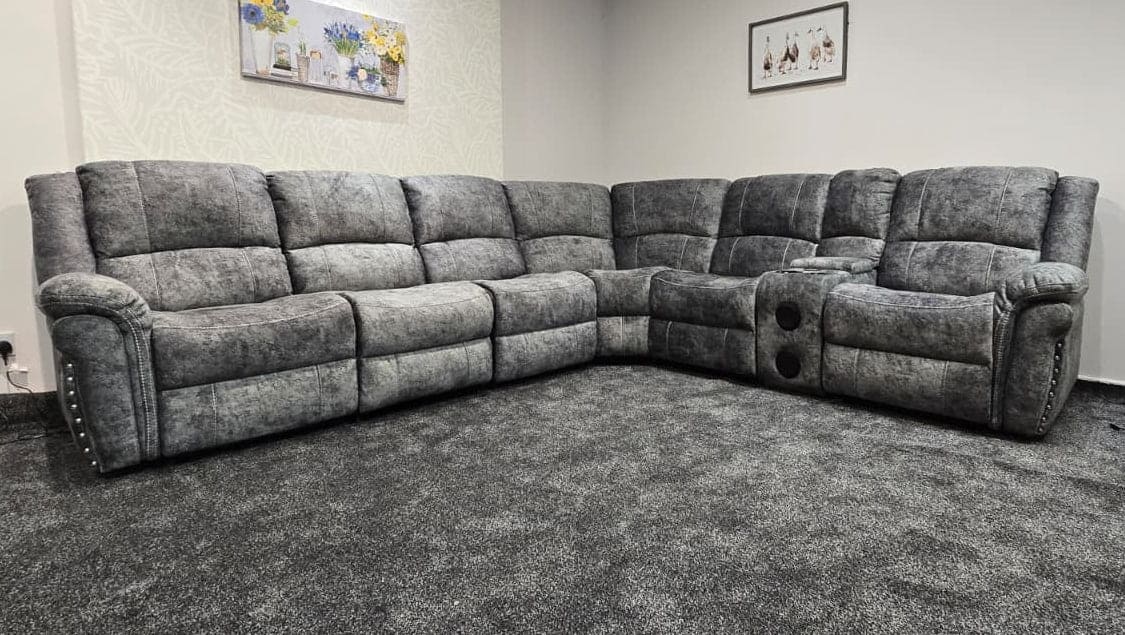 GALAXY Grey Plush Velvet Fabric Electric Reclining 3C2C Corner Sofa, Drinks Coolers & USB Ports