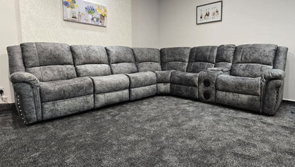 GALAXY Grey Plush Velvet Fabric Electric Reclining 3C2C Corner Sofa, Drinks Coolers & USB Ports