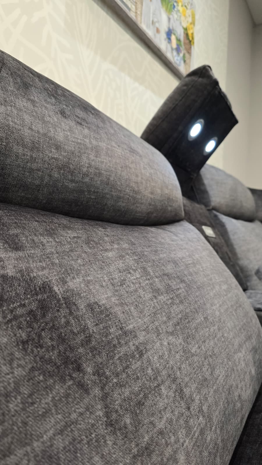 "Xavier" 2c2c Grey Plush Fabric Power Recliner Corner Sofa With USB Charging Ports & Cinema Drinks Console