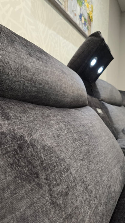 "Xavier" 2c2c Grey Plush Fabric Power Recliner Corner Sofa With USB Charging Ports & Cinema Drinks Console