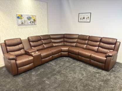 "Lando" Brown Leather 3C3C Recliner Corner Sofa Reversible | Drinks Tray Table | Modular