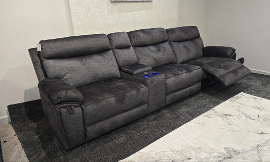 "Xavier" Reversible 5 Seater Cinema Sofa Grey Plush Fabric With Power Recliners, USB Charging Ports, Wireless Charging & Drinks Cooling Cup Holders. Laf + RAF + Armless + Tech Console