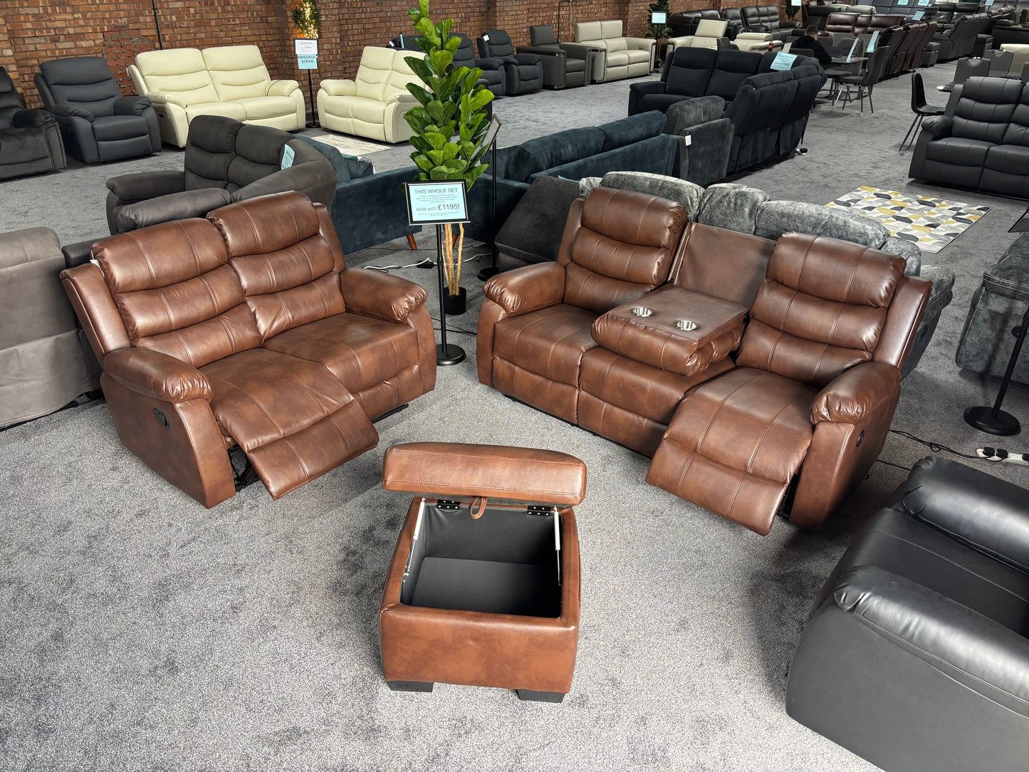 Lando Brown Leather 3 Seater + 2 Seater + Storage Footstool Reclining Sofa Set | Drinks Tray Table | High Backrests | 2 Stage Reclining | Couch |