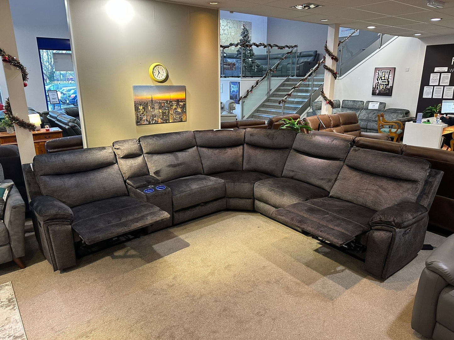 "Trek" 2c2c Grey Plush Fabric Power Recliner Corner Sofa With USB Charging Ports & Cinema Drinks Console