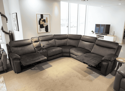 "Trek" Grey Plush Fabric Power Recliner Corner Sofa With USB Charging Ports, Drinks Cooling Cup Holders Plus Many More Modern Features