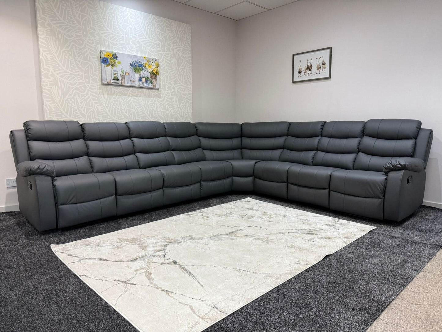 "Lando" Grey Leather 4C3 Recliner Corner Sofa Reversible | 2 x Drinks Tray Tables | Modular