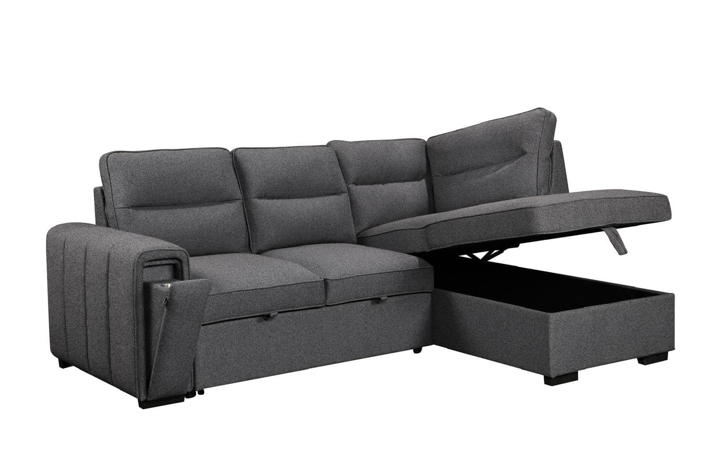 (Back in stock 15th August) 'Musk' Dark Grey Fabric Right Hand Facing Corner Sofa Bed With Storage & Drinks Holder