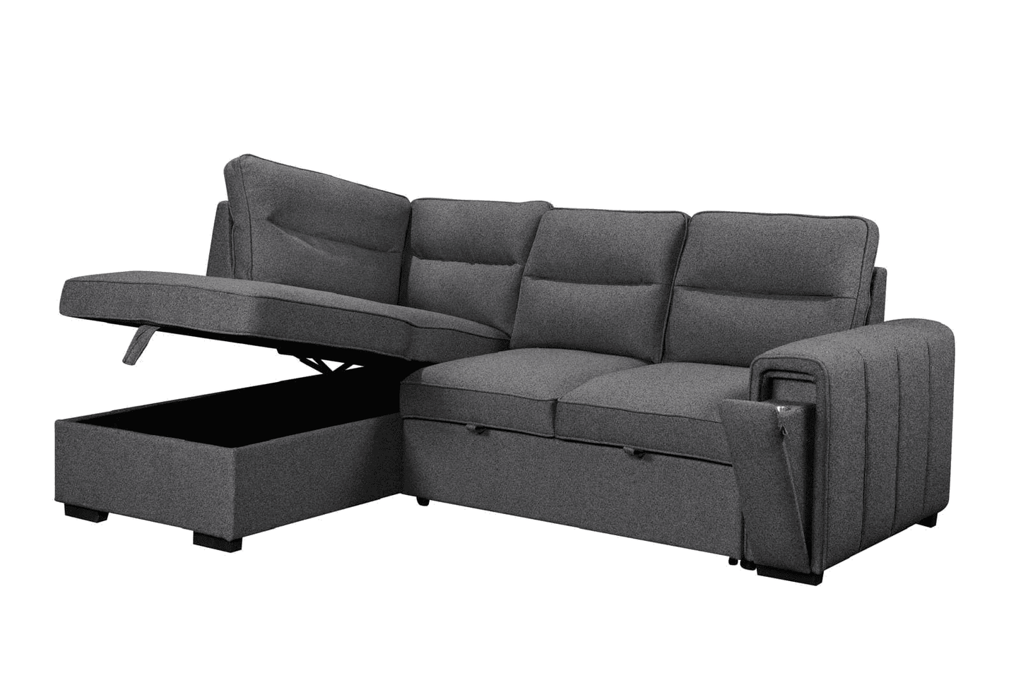 (Back in stock 15th August) 'Musk' Dark Grey Fabric Left Hand Facing Corner Sofa Bed With Storage & Drinks Holder