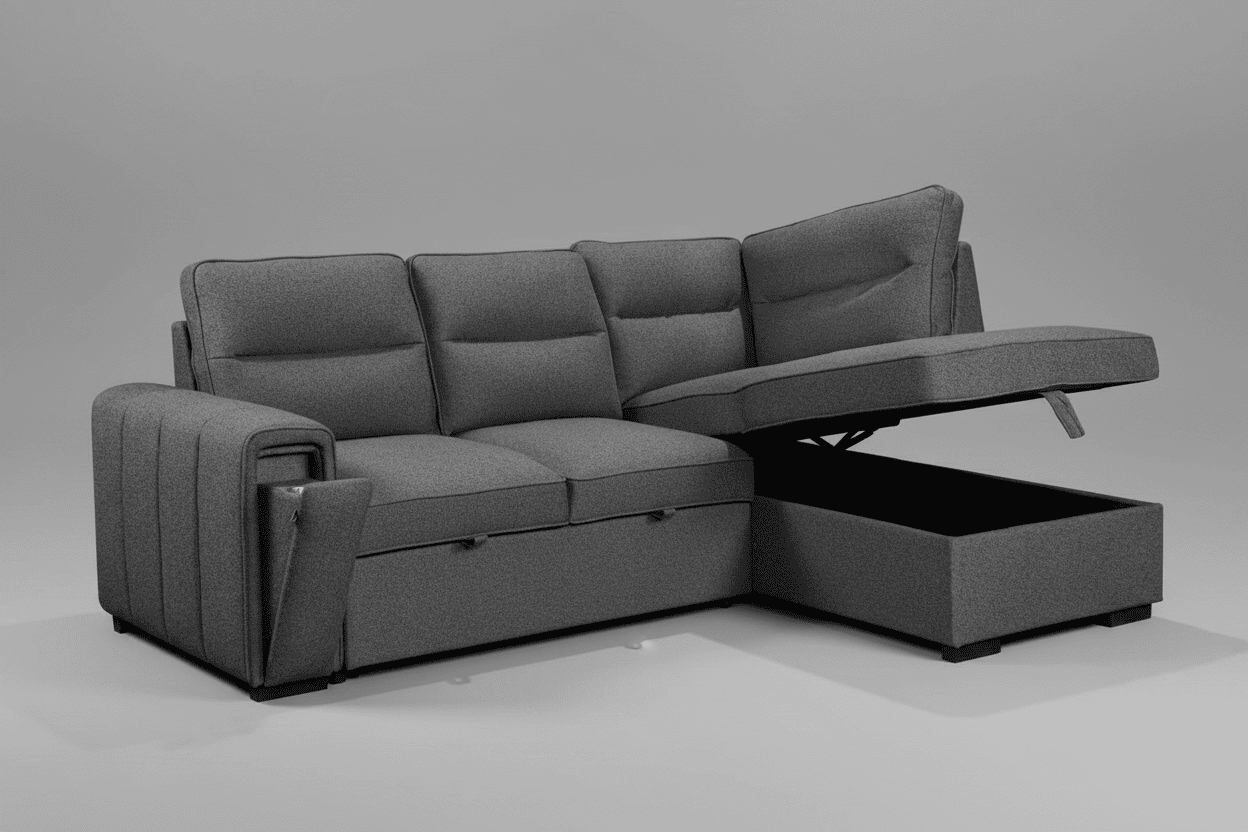 (Back in stock 15th August) 'Musk' Dark Grey Fabric Right Hand Facing Corner Sofa Bed With Storage & Drinks Holder