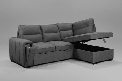 (Back in stock 15th August) 'Musk' Dark Grey Fabric Right Hand Facing Corner Sofa Bed With Storage & Drinks Holder