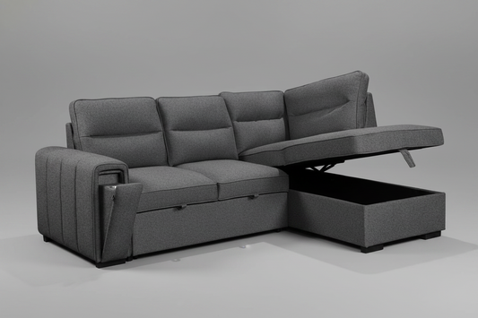 (Back in stock 15th August) 'Musk' Dark Grey Fabric Right Hand Facing Corner Sofa Bed With Storage & Drinks Holder