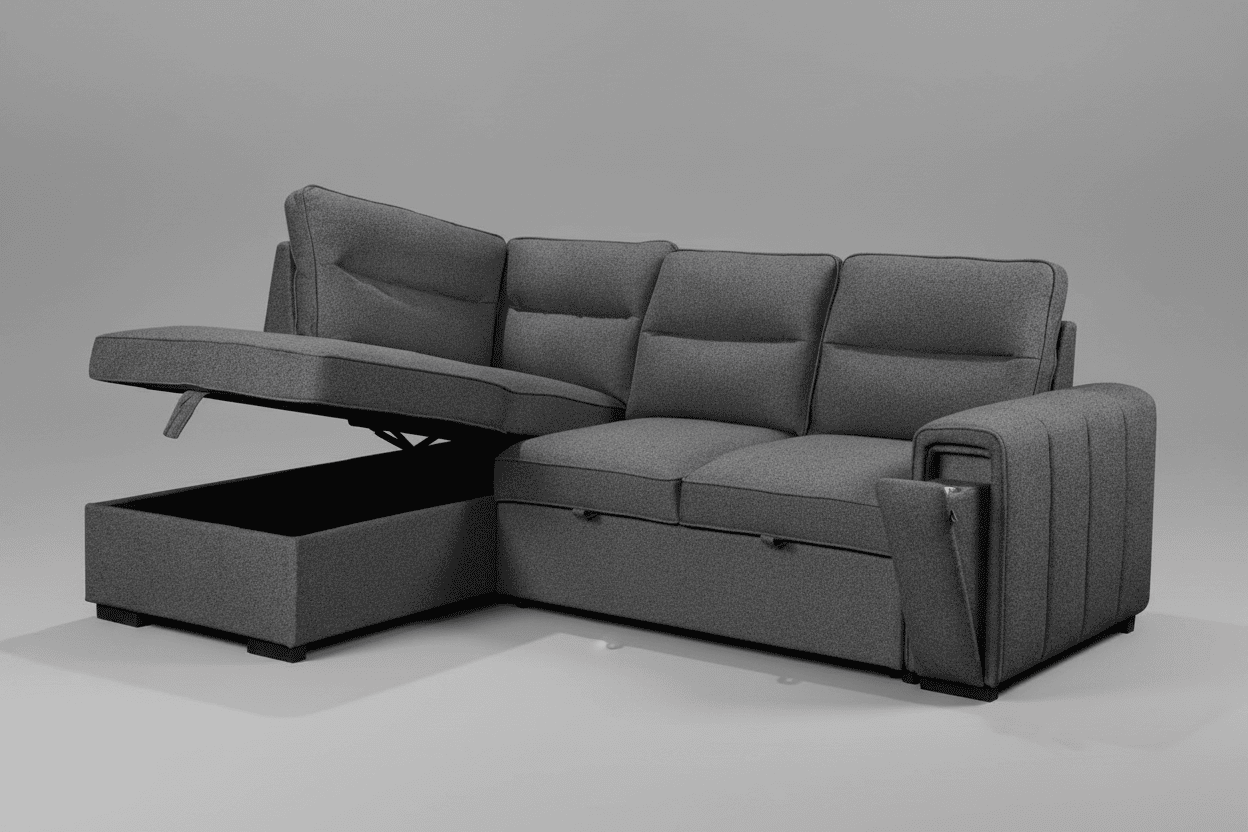 (Back in stock 15th August) 'Musk' Dark Grey Fabric Left Hand Facing Corner Sofa Bed With Storage & Drinks Holder