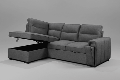 (Back in stock 15th August) 'Musk' Dark Grey Fabric Left Hand Facing Corner Sofa Bed With Storage & Drinks Holder