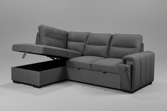 (Back in stock 15th August) 'Musk' Dark Grey Fabric Left Hand Facing Corner Sofa Bed With Storage & Drinks Holder
