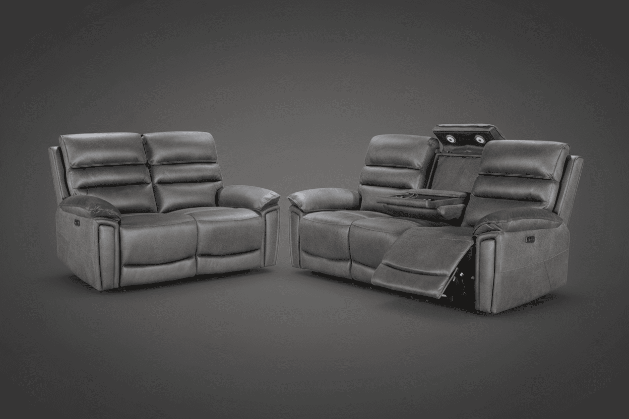 BUNDLE DEAL! DFS Lawson Grey Easy Clean Fabric Electric Reclining 3 Seater + 2 Seater Sofa Set With USB Charging Ports & Drop Down Tray Table