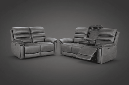 BUNDLE DEAL! DFS Lawson Grey Easy Clean Fabric Electric Reclining 3 Seater + 2 Seater Sofa Set With USB Charging Ports & Drop Down Tray Table