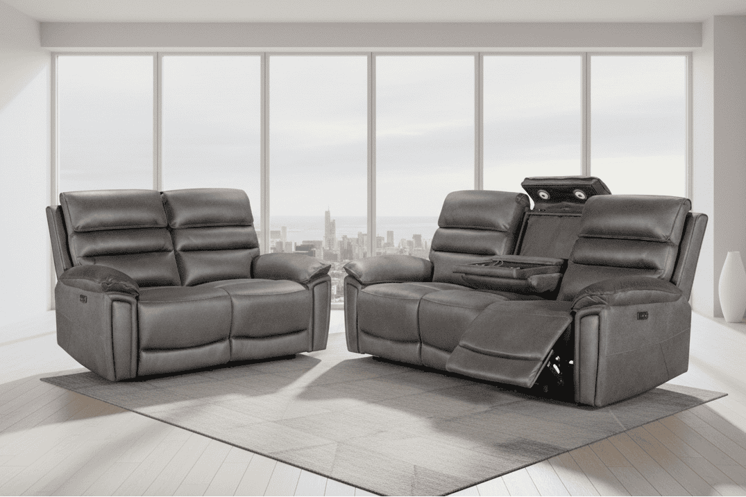 BUNDLE DEAL! DFS Lawson Grey Easy Clean Fabric Electric Reclining 3 Seater + 2 Seater Sofa Set With USB Charging Ports & Drop Down Tray Table