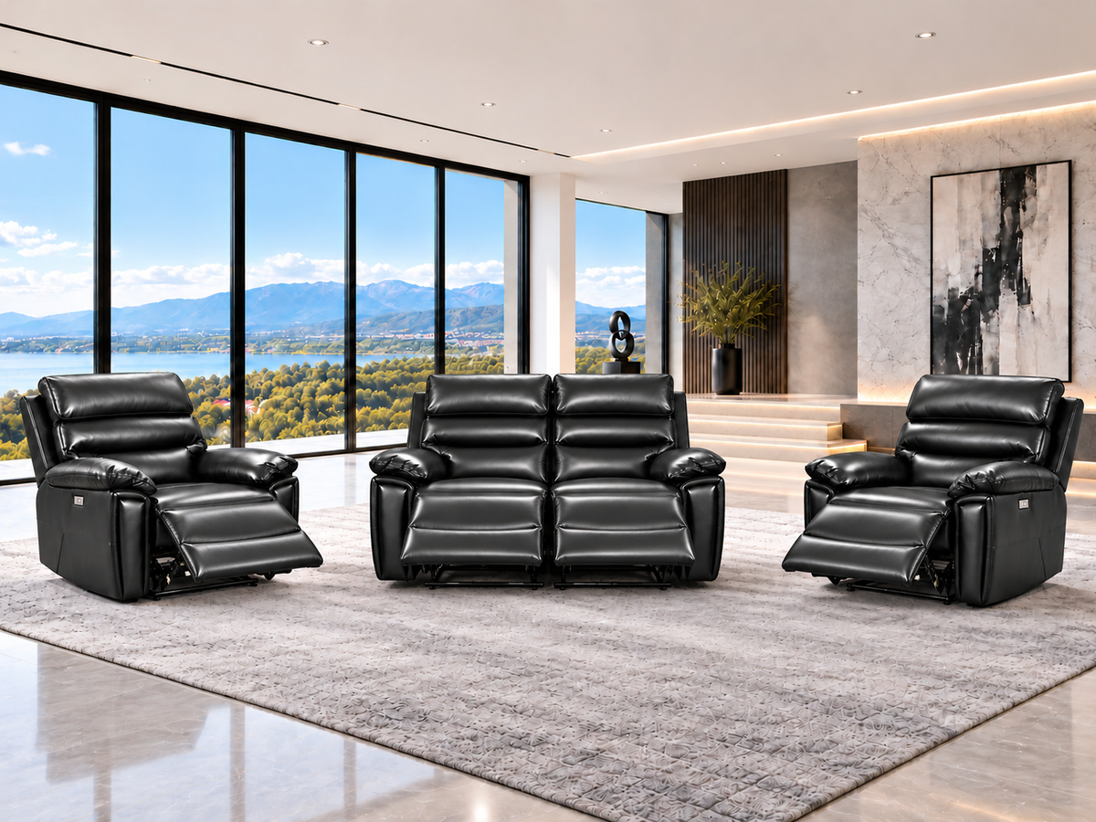 Calisese Black Leather Electric Reclining Sofa Range Suite Set With USB Charging Ports & Drop Down Tray Table