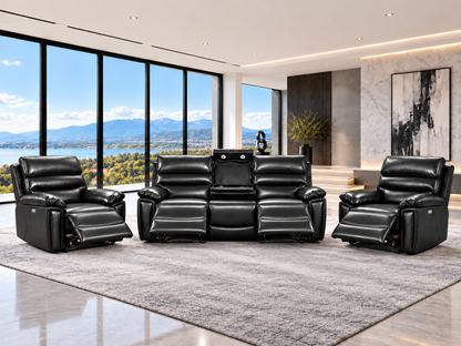 Calisese Black Leather Electric Reclining Sofa Range Suite Set With USB Charging Ports & Drop Down Tray Table