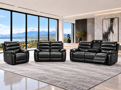 Calisese Black Leather Electric Reclining Sofa Range Suite Set With USB Charging Ports & Drop Down Tray Table