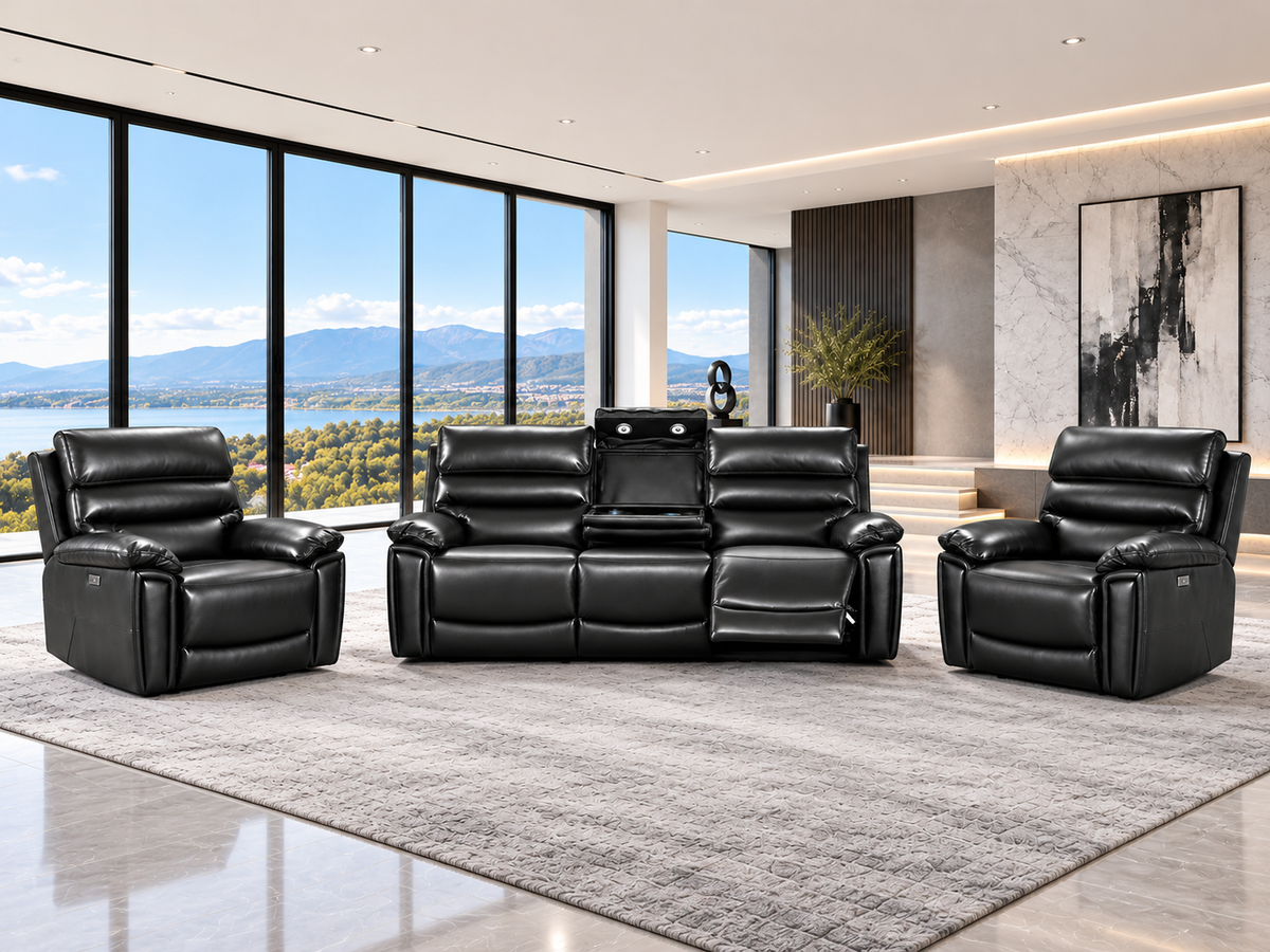 Calisese Black Leather Electric Reclining Sofa Range Suite Set With USB Charging Ports & Drop Down Tray Table