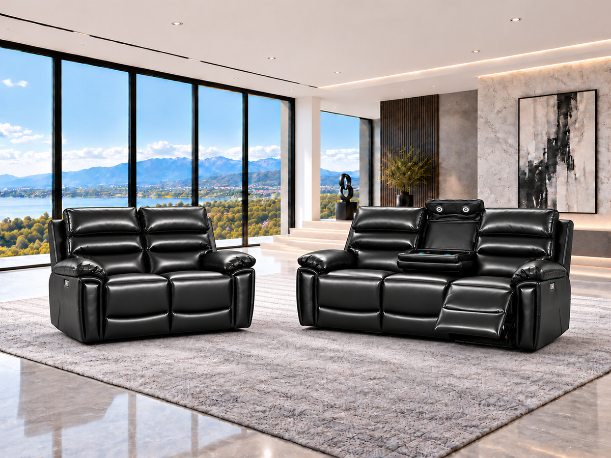 Calisese Black Leather Electric Reclining 3 Seater + 2 Seater Sofa Set With USB Charging Ports & Drop Down Tray Table
