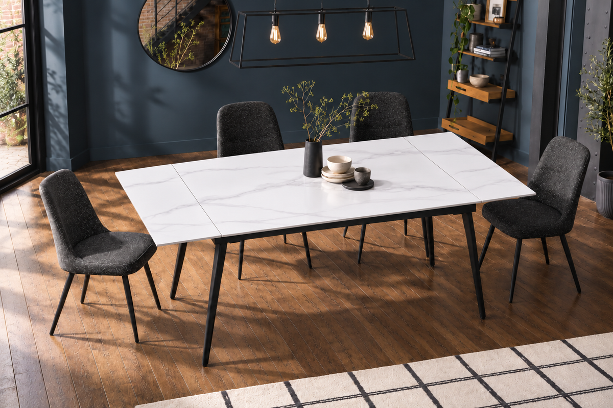 (Pre Order Deal, Arriving December 15th) "Regis" 120cm-180cm White Grey Ceramic Extending Dining Table With Metal Black Legs - Table Only