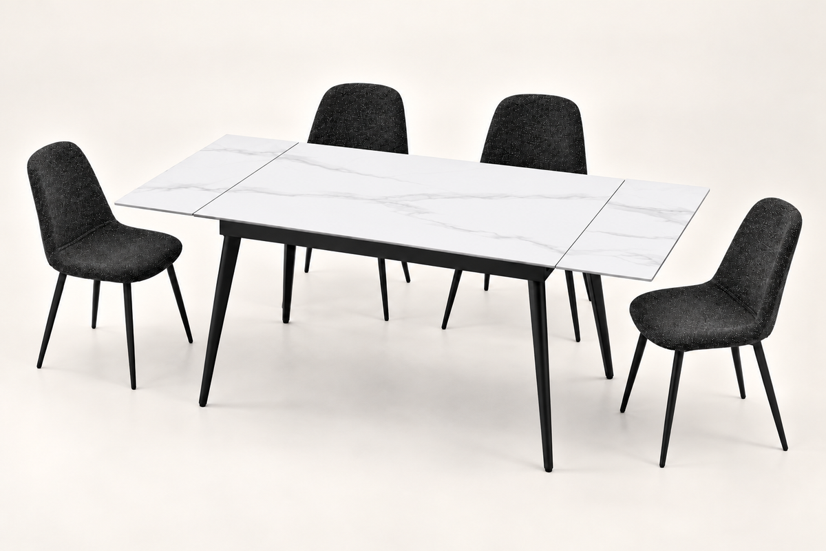 (Pre Order Deal, Arriving December 15th) "Regis" 120cm-180cm White Grey Ceramic Extending Dining Table With Metal Black Legs - Table Only