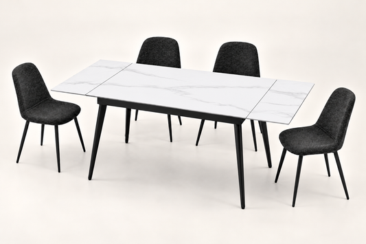 (Pre Order Deal, Arriving December 15th) "Regis" 120cm-180cm White Grey Ceramic Extending Dining Table With Metal Black Legs - Table Only
