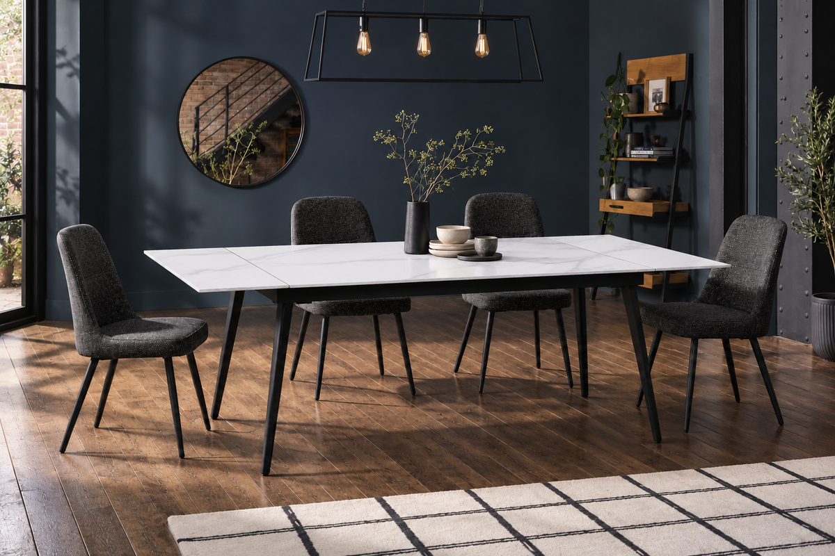 (Pre Order Deal, Arriving December 15th) "Regis" 120cm-180cm White Grey Ceramic Extending Dining Table With Metal Black Legs - Table Only