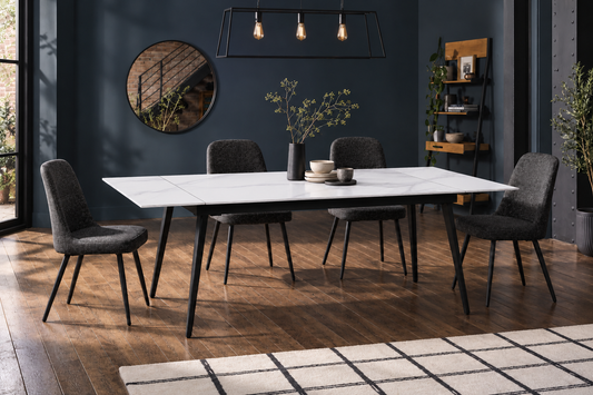 (Pre Order Deal, Arriving December 15th) "Regis" 120cm-180cm White Grey Ceramic Extending Dining Table With Metal Black Legs - Table Only