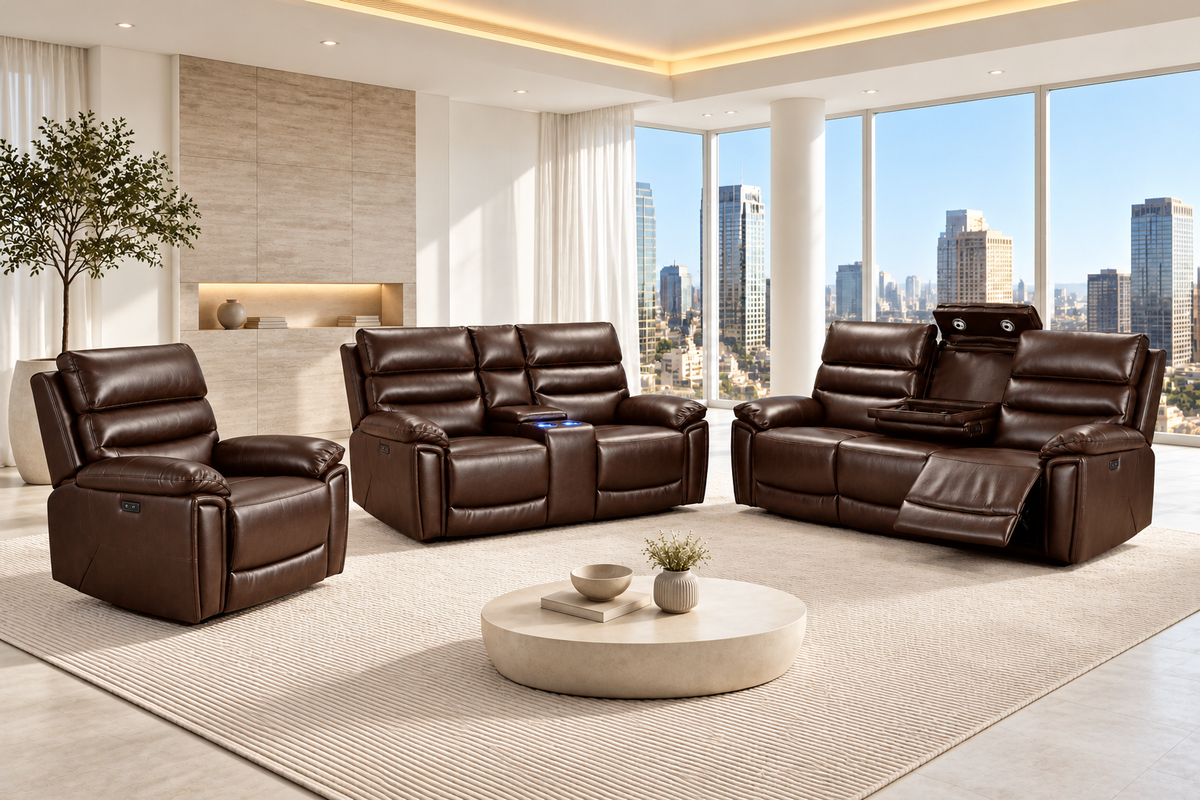 Calisese Brown Leather Electric Reclining Sofa Range Suite Set With USB Charging Ports & Drop Down Tray Table