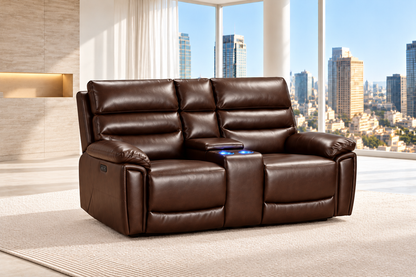 Calisese Brown Leather Electric Reclining Sofa Range Suite Set With USB Charging Ports & Drop Down Tray Table