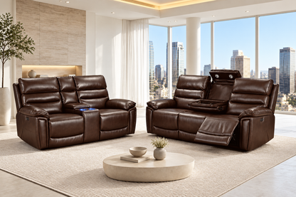 Calisese Brown Leather Electric Reclining Sofa Range Suite Set With USB Charging Ports & Drop Down Tray Table